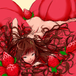 Rule 34 | 1girl, :q, brown eyes, brown hair, face, food, fruit, highres, hone shoukan, long hair, messy hair, naughty face, nude, original, sketch, solo, strawberry, tongue, tongue out, very long hair