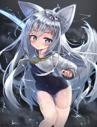 Rule 34 | 1girl, :o, absurdres, ahoge, animal ear fluff, animal ears, arm behind back, artist name, blue eyes, blush, breasts, collarbone, covered navel, crop top, energy sword, fox ears, fox tail, grey hair, highres, holding, holding sword, holding weapon, long hair, long sleeves, looking at viewer, neckerchief, night, night sky, one-piece swimsuit, original, parted lips, school swimsuit, school uniform, serafuku, skindentation, sky, small breasts, solo, swimsuit, swimsuit under clothes, sword, tail, tandohark, thighhighs, very long hair, weapon, white thighhighs, wind, yellow neckerchief