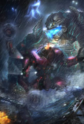 Rule 34 | aircraft, battle, bioluminescence, blade, boat, ch-53, cloud, cloudy sky, crimson typhoon, destruction, embers, epic, explosion, extra arms, extra eyes, fight, fighting, fire, giant, giant monster, glowing, glowing eyes, glowing mouth, helicopter, highres, jaeger (pacific rim), junling, kaijuu, leatherback, legendary pictures, lightning, lights, mecha, military, military vehicle, monster, night, ocean, outdoors, overcast, pacific rim, pan pacific defense corps, rain, realistic, robot, saw, science fiction, ship, sky, spotlight, spray, storm, storm cloud, stormy waters, war, water, watercraft, waves, weapon, yellow eyes