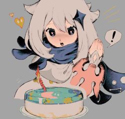 Rule 34 | !, 1girl, :o, birthday cake, black eyes, black scarf, blush, cake, candle, constellation print, cropped torso, dress, food, gelatin, genshin impact, grey background, hair between eyes, hair ornament, hands up, heart, highres, long sleeves, looking at object, notice lines, paimon (genshin impact), palms together, pink pupils, puffy long sleeves, puffy sleeves, scarf, slime (genshin impact), solo, sparkling eyes, spoken exclamation mark, star (symbol), star hair ornament, swept bangs, tunamayo aku, upper body, white dress, white hair
