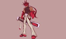 Rule 34 | 1boy, absurdres, brown hair, guilty gear, headband, highres, non-web source, purple background, red headband, simple background, sol badguy, solo