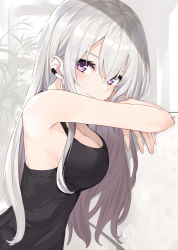 Rule 34 | 1girl, armpits, bare arms, bare shoulders, black shirt, breasts, cleavage, earrings, from side, hair between eyes, highres, jewelry, large breasts, long hair, looking at viewer, original, purple eyes, shirt, sidelocks, silver hair, sleeveless, sleeveless shirt, smile, solo, takehana note, tank top, upper body