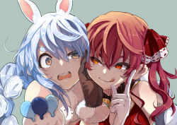 Rule 34 | 2girls, animal ear fluff, animal ears, black gloves, blue hair, close-up, don-chan (usada pekora), eyebrows hidden by hair, fur trim, gloves, green background, hair between eyes, hand on another&#039;s face, heterochromia, hololive, houshou marine, multiple girls, open mouth, rabbit ears, red eyes, red hair, scared, short eyebrows, tongue, tongue out, twintails, usada pekora, usada pekora (1st costume), virtual youtuber, white gloves, wide-eyed, yagi (yagiumaaai), yellow eyes