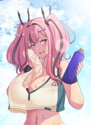Rule 34 | 1girl, azur lane, bad id, bad pixiv id, bare shoulders, blue sky, blush, bottle, breasts, bremerton (azur lane), bremerton (scorching-hot training) (azur lane), cleavage, cloud, commentary request, crop top, crop top overhang, hair ornament, headgear, heart, heart necklace, highres, jewelry, large breasts, looking to the side, midriff, multicolored hair, navel piercing, necklace, open mouth, piercing, red eyes, red hair, see-through, shirt, sky, sleeveless, sleeveless shirt, sportswear, streaked hair, sweat, tennis uniform, towel, two side up, utani (punishment), water bottle, wiping sweat, x hair ornament