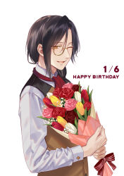 Rule 34 | 1boy, bad id, bad twitter id, black hair, bouquet, dated, flower, fukahire (ruinon), happy birthday, highres, holding, holding bouquet, long sleeves, looking at viewer, male focus, medium hair, monocle, nijisanji, one eye closed, open mouth, shellin burgundy, shirt, simple background, smile, solo, upper body, vest, virtual youtuber, white background, white shirt, yellow eyes