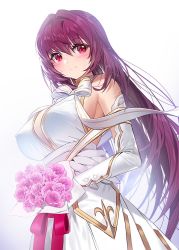Rule 34 | 1girl, alternate costume, blush, bouquet, breasts, damda, detached sleeves, dress, covered erect nipples, fate/grand order, fate (series), flower, hair intakes, large breasts, long hair, looking at viewer, purple hair, red eyes, scathach (fate), scathach (fate), smile, solo, wedding dress, white background