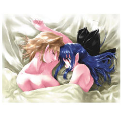 Rule 34 | 00s, 2girls, arcueid brunestud, back, bed, bed sheet, blonde hair, blue hair, bow, breasts, cleavage, closed eyes, hair bow, half updo, large breasts, len (tsukihime), long hair, lying, multiple girls, naked sheet, nude, on side, pointy ears, red eyes, short hair, sleeping, topless, tsukihime, under covers, yuri