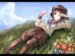 Rule 34 | 1girl, bad id, bad pixiv id, blue eyes, blue sky, blush, brown hair, brown pantyhose, cloud, day, unworn eyewear, flower, glasses, grass, letterboxed, lying, on back, on ground, one eye closed, original, outdoors, pantyhose, parsley-f, short hair, sky, solo, twintails, wink