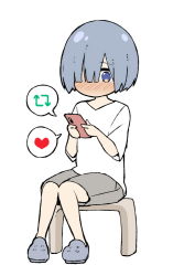 Rule 34 | 1boy, blue eyes, blue hair, blush, cellphone, crocs, full body, grey shorts, hair over one eye, like and retweet, male focus, no mouth, nose blush, phone, shirt, shorts, simple background, sitting, sky-freedom, smartphone, solo, spoken symbol, twitter, white background, white shirt
