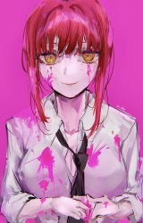 Rule 34 | 1girl, absurdres, black necktie, blood, breasts, chainsaw man, cleavage, closed mouth, collared shirt, highres, large breasts, long sleeves, looking at viewer, makima (chainsaw man), mile (off8mile), necktie, own hands together, pink background, pink blood, red hair, ringed eyes, shirt, sidelocks, smile, solo, upper body, white shirt, wing collar, yellow eyes