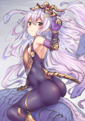 Rule 34 | 1girl, armpits, ass, bare shoulders, bodysuit, breasts, elbow gloves, gloves, hair between eyes, headpiece, huge ass, light purple hair, long hair, looking at viewer, medusa (shingeki no bahamut), partially fingerless gloves, pointy ears, pout, red eyes, shingeki no bahamut, simple background, sitting, small breasts, snake, solo, tail, very long hair, white background, yukishiro arte