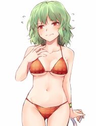Rule 34 | 1girl, bare arms, bare shoulders, bikini, blush, breasts, commentary request, cowboy shot, flying sweatdrops, gluteal fold, green hair, groin, hand on own chest, highres, kazami yuuka, medium breasts, miyo (ranthath), navel, plaid, plaid bikini, planted, planted umbrella, red bikini, red eyes, short hair, simple background, solo, standing, stomach, sweat, swimsuit, thighs, touhou, umbrella, white background