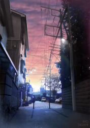 Rule 34 | artist name, building, car, cityscape, cloud, commentary request, highres, house, lamppost, motor vehicle, no humans, original, outdoors, power lines, road, scenery, shadow, sky, sunset, tanaka ryosuke, tree, utility pole