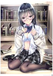 Rule 34 | 1girl, absurdres, black footwear, black hair, blush, book, bookshelf, bow, bow bra, bra, breasts, brown eyes, buttons, cleavage, glasses, head tilt, highres, indoors, jacket, kobayashi chisato, lips, loafers, long hair, long sleeves, looking at viewer, medium breasts, navel, open clothes, open jacket, open shirt, original, page number, pantyhose, parted lips, scan, school uniform, shirt, shoes, simple background, sitting, skirt, solo, stomach, underwear, wariza