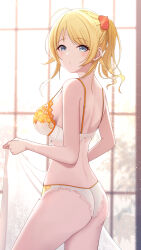 Rule 34 | 1girl, absurdres, ass, bed sheet, blonde hair, blue eyes, bra, breasts, commentary request, cowboy shot, hachimiya meguru, hair ornament, heart, heart hair ornament, highres, holding, holding sheet, idolmaster, idolmaster shiny colors, large breasts, light blush, light particles, looking at viewer, open mouth, panties, ponytail, sikimosh, solo, thighs, underwear, white bra, white panties