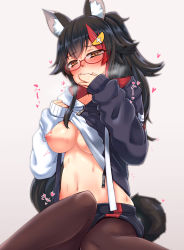 Rule 34 | 1girl, animal ear fluff, animal ears, bad id, bad pixiv id, black hair, black hoodie, black pantyhose, blush, breasts, breath, clothes lift, copyright name, covering own mouth, embarrassed, grey background, hair ornament, hand to own mouth, heart, heart-shaped pupils, heavy breathing, highres, hololive, hood, hoodie, lifting own clothes, long hair, long sleeves, looking at viewer, medium breasts, midriff, multicolored hair, navel, nipples, no bra, ookami mio, ookami mio (casual), orange eyes, pantyhose, ponytail, red-framed eyewear, red hair, sekino takehiro, simple background, sitting, sleeves past wrists, solo, streaked hair, sweat, sweater, sweater lift, symbol-shaped pupils, tail, trembling, two-tone hair, two-tone sweater, virtual youtuber, white hoodie, wolf ears, wolf tail