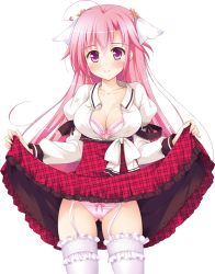 Rule 34 | 1girl, ahoge, blush, bow, bow panties, bra, breasts, cleavage, clothes lift, cowboy shot, dress, flower, frilled thighhighs, frills, game cg, garter straps, hair flower, hair ornament, harukaze sensation!, ko~cha, large breasts, long hair, long sleeves, looking at viewer, miyatsuki haruka, panties, pink eyes, pink hair, pink panties, plaid, plaid skirt, puffy sleeves, skirt, skirt lift, smile, solo, source request, thighhighs, transparent background, underwear, unmoving pattern, white thighhighs