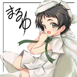 Rule 34 | 1girl, black hair, brown eyes, buttons, capelet, cowboy shot, double-breasted, dress, green ribbon, hat, highres, kantai collection, looking at viewer, maru-yu (kancolle), neck ribbon, official alternate costume, ribbon, sack, santa hat, short hair, solo, thick eyebrows, thighhighs, white dress, white hat, white thighhighs, yashin (yasinz)