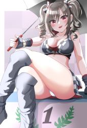 Rule 34 | 1girl, bikini, bikini top only, black footwear, black gloves, blush, boots, breasts, checkered clothes, checkered skirt, cleavage, collarbone, commentary request, drill hair, fingerless gloves, gloves, grey hair, hair ribbon, haruki (haruki678), highres, holding, holding umbrella, idolmaster, idolmaster cinderella girls, kanzaki ranko, knee boots, large breasts, crossed legs, looking at viewer, panties, pantyshot, race queen, red eyes, ribbon, short hair, short twintails, sitting, skirt, solo, swimsuit, tongue, tongue out, twin drills, twintails, umbrella, underwear, white panties