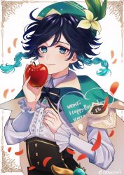Rule 34 | 1boy, absurdres, androgynous, apple, beret, black hair, blue hair, bow, braid, brooch, cape, character name, closed mouth, collared cape, collared shirt, commentary request, corset, dated, english text, falling petals, flower, food, frilled sleeves, frills, fruit, gem, genshin impact, gradient hair, green cape, green eyes, green hat, happy birthday, hat, hat flower, highres, holding, holding food, holding fruit, jewelry, leaf, long sleeves, looking at viewer, male focus, multicolored hair, oomisou, petals, shirt, short hair with long locks, side braids, sidelocks, simple background, smile, solo, twin braids, twitter username, venti (genshin impact), vision (genshin impact), white background, white flower, white shirt