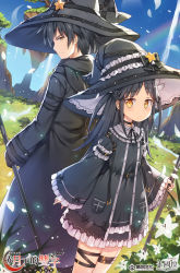 Rule 34 | 1boy, 1girl, back-to-back, black bow, black dress, black hair, black headwear, black robe, blush, bow, braid, closed mouth, commentary request, copyright request, day, dress, flower, fred04142, frilled dress, frilled hat, frills, hat, hat bow, hat ornament, holding, holding staff, hood, hood down, hooded robe, long hair, long sleeves, looking at viewer, looking back, outdoors, parted bangs, robe, sleeves past wrists, staff, standing, star (symbol), star hat ornament, watermark, white flower, wide sleeves, witch hat, yellow eyes
