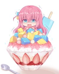 Rule 34 | 1girl, absurdres, blue eyes, bocchi the rock!, chibi, commentary request, cube hair ornament, food, fruit, gotoh hitori, hair between eyes, hair ornament, highres, in food, jacket, kaoling, long hair, long sleeves, mini person, minigirl, open mouth, pink hair, pink jacket, popsicle, shaved ice, simple background, solo, spoon, strawberry, track jacket, trembling, turn pale, very long hair, wavy mouth, white background