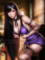 Rule 34 | 1girl, adjusting clothes, alternate costume, armlet, artist name, black hair, blurry, blurry background, bracelet, breasts, cleavage, covered navel, curtains, dress, earrings, final fantasy, final fantasy vii, final fantasy vii remake, highres, jewelry, leaning forward, liang xing, long hair, looking at viewer, neck ribbon, patreon username, purple dress, ribbon, signature, smile, solo, square enix, sunlight, thigh strap, tifa lockhart, tifa lockhart (refined dress), watermark, web address
