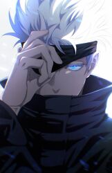 Rule 34 | 1boy, absurdres, black blindfold, black jacket, blindfold, blue eyes, colored eyelashes, commentary request, gojou satoru, hand up, high collar, highres, jacket, jujutsu kaisen, long sleeves, looking at viewer, male focus, may (illust man 2020), one eye covered, short hair, solo, upper body, white background, white hair