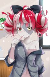 Rule 34 | ahoge, alternate costume, bare shoulders, bathroom, black bow, blush, bow, brushing teeth, colored skin, double bun, fang, green eyes, grey hair, grey shirt, grey skin, hair bow, hair bun, hayana neru, heterochromia, highres, hololive, hololive indonesia, kureiji ollie, multicolored eyes, multicolored hair, navel, off shoulder, pink hair, pink skin, red eyes, red hair, shirt, solo, stitched arm, stitched face, stitched torso, stitches, symbol-shaped pupils, toothbrush, toothbrush in mouth, unbuttoned, unbuttoned shirt, virtual youtuber, window, yellow eyes