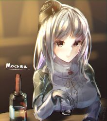 Rule 34 | 1girl, alcohol, breasts, brown eyes, cup, drinking, gloves, hat, large breasts, long hair, looking at viewer, medium breasts, moscow, red star, silver hair, simple background, solo, star (symbol), tokiha suzumiya, vodka, warship girls r