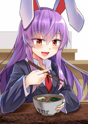 Rule 34 | 1girl, :d, animal ears, black jacket, blazer, bowl, breasts, chopsticks, commentary request, e.o., food, hair between eyes, highres, holding, holding chopsticks, jacket, long hair, medium breasts, necktie, noodles, open mouth, purple hair, rabbit ears, red eyes, red necktie, reisen udongein inaba, revision, shirt, sidelocks, smile, solo, touhou, translation request, udon, upper body, white background, white shirt, wing collar
