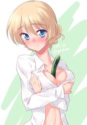 Rule 34 | 1girl, between breasts, blonde hair, blue eyes, blush, braid, breast hold, breasts, closed mouth, commentary, cucumber, darjeeling (girls und panzer), dated, dress shirt, girls und panzer, head tilt, highres, kuzuryuu kennosuke, large breasts, long sleeves, looking at viewer, medium breasts, naked shirt, navel, one-hour drawing challenge, open clothes, open shirt, shirt, short hair, smile, solo, standing, twin braids, twitter username, upper body, wing collar