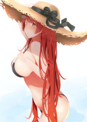 Rule 34 | 1girl, alternate costume, azur lane, bikini, black bikini, black ribbon, blush, breasts, eyewear on head, from side, hair ribbon, hat, highres, honolulu (azur lane), honolulu (summer accident?!) (azur lane), itete, large breasts, long hair, looking at viewer, parted lips, red eyes, red hair, ribbon, simple background, solo, straw hat, sunglasses, swimsuit, twintails, v-shaped eyebrows