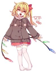 Rule 34 | 1girl, blonde hair, brown jacket, commentary request, flandre scarlet, frilled skirt, frills, full body, fur, gem, hair between eyes, hair ribbon, head tilt, hood, hooded jacket, jacket, looking at viewer, miniskirt, open mouth, pom pom (clothes), red eyes, red skirt, ribbon, shamo (koumakantv), side ponytail, skirt, sleeves past wrists, slit pupils, solo, standing, teeth, thighhighs, touhou, white background, wings, zettai ryouiki