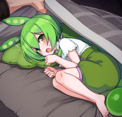 Rule 34 | 1boy, 1girl, animal ears, barefoot, blanket, blush, green hair, green shorts, legs together, looking at viewer, lying, null (nyanpyoun), on side, open mouth, pillow, pov, pov hands, shirt, short hair, short sleeves, shorts, solo focus, suspender shorts, suspenders, toes, voiceroid, white shirt, yellow eyes, zundamon