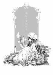 Rule 34 | 1girl, blunt bangs, book, book stack, bun cover, capelet, commentary request, crescent, crescent hat ornament, cup, double bun, dress, frilled capelet, frilled hat, frills, from side, greyscale, hair bun, hanada hyou, hat, hat ornament, hat ribbon, holding, holding book, lava lamp, long dress, long hair, mob cap, monochrome, open book, pages, patchouli knowledge, reading, ribbon, sidelocks, sitting, smoke, solo, sparkle, star (symbol), straight hair, teacup, teapot, touhou, translation request, white background