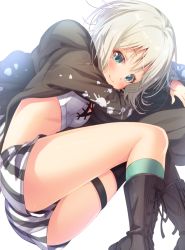 Rule 34 | 10s, 1girl, aoba moca, ass, bang dream!, black jacket, blush, boots, breasts, brown footwear, closed mouth, commentary request, cross-laced footwear, green eyes, green socks, grey hair, hood, hood down, hooded jacket, jacket, knee boots, kneehighs, lace-up boots, long sleeves, looking at viewer, lying, matokechi, midriff, on side, open clothes, open jacket, short shorts, shorts, simple background, sleeves past wrists, small breasts, smile, socks, solo, striped clothes, striped shorts, vertical-striped clothes, vertical-striped shorts, white background