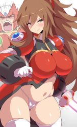 Rule 34 | 1boy, 1girl, absurdres, alternate breast size, android, blush, breasts, brown hair, cameltoe, commentary request, gloves, green eyes, high ponytail, highres, holding, holding sword, holding weapon, humor, iris (mega man), konno tohiro, large breasts, looking at viewer, mega man (series), mega man x4, mega man x (series), mega man x dive, seductive smile, smile, sword, thighhighs, thighs, weapon, white gloves, zero (mega man)