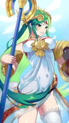 1girl absurdres ancient_greek_clothes armlet bare_shoulders breasts chain chiton circlet covered_navel diadem dress forehead_jewel gold_chain greco-roman_clothes green_eyes green_hair highres holding holding_shield holding_staff jewelry kid_icarus kid_icarus_uprising large_breasts long_hair neck_ring nintendo palutena parted_bangs shield side_slit single_thighhigh smile solo staff strapless strapless_dress thighhighs vambraces very_long_hair white_dress white_thighhighs yasaikakiage