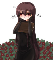 Rule 34 | bad id, bad pixiv id, blush, book, brown hair, dress, elbow gloves, embarrassed, flower, gloves, ktsecond, long hair, red eyes, solo