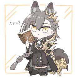 Rule 34 | 1girl, :&lt;, animal ears, arknights, arm behind back, armor, ascot, black coat, black footwear, black jacket, black skirt, black socks, blush, book, border, braid, briefcase, brown hair, character name, chibi, coat, commentary, formal, full body, holding, holding book, holding briefcase, jacket, long hair, looking at viewer, mole above eye, open clothes, open coat, penance (arknights), shoulder armor, simple background, skirt, slit pupils, socks, solo, suit, tail, translated, very long hair, white ascot, white background, wolf ears, wolf girl, wolf tail, yatagae (yatuno llc)