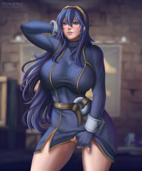 Rule 34 | 1girl, absurdres, alternate breast size, arms behind head, blue dress, blue eyes, blue hair, breasts, curvy, dress, female focus, female masturbation, fingerless gloves, fire emblem, fire emblem awakening, flowerxl, gloves, hand on pussy, highres, huge breasts, long hair, looking at viewer, lucina (fire emblem), masturbation, masturbation through clothes, nintendo, pink mouth, pussy, smile, solo, teasing, thick thighs, thighs, tiara, very long hair