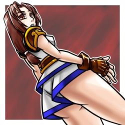 Rule 34 | 1girl, artist request, ass, breasts, brown eyes, brown hair, from below, game console, gloves, looking back, lowres, ponytail, shana (dragoon), shorts, the legend of dragoon, wedgie