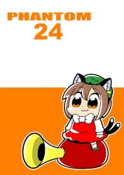 Rule 34 | 1girl, :3, animal ear fluff, animal ears, bkub, bow, bowtie, brown hair, cat ears, cat tail, chen, cover, dress, earrings, green hat, hat, horn (instrument), jewelry, mob cap, multiple tails, orange background, orange eyes, red dress, shirt, short hair, simple background, single earring, sitting, sitting on object, solo, tail, title, touhou, two-tone background, white background, white bow, white bowtie, white shirt