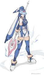 Rule 34 | 1girl, android, arm behind back, artist name, blue eyes, blue thighhighs, boots, breasts, closed mouth, commentary, detached sleeves, gold trim, helmet, highres, holding, holding weapon, huanxiang huifeng, legs apart, fairy leviathan (mega man), looking at viewer, mega man (series), mega man zero (series), polearm, shadow, simple background, smile, solo, spear, standing, thigh boots, thighhighs, weapon, white background