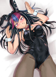 Rule 34 | 1girl, :q, absurdres, animal ears, bare shoulders, black hair, black leotard, blue hair, blush, bow, bowtie, breasts, brown pantyhose, cameltoe, cleavage, covered navel, danganronpa (series), danganronpa 2: goodbye despair, detached collar, fake animal ears, fishnet pantyhose, fishnets, groin, hair horns, hands up, highres, large breasts, leotard, long hair, looking at viewer, mioda ibuki, mouth piercing, multicolored hair, pantyhose, piercing, pink eyes, pink hair, playboy bunny, rabbit ears, smile, solo, strapless, strapless leotard, teru (guzzlord 7074), tongue, tongue out, white hair, wrist cuffs