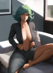 Rule 34 | 1girl, ahoge, alternate breast size, artist name, barefoot, breasts, collarbone, commentary, commentary typo, couch, curly hair, flowerxl, green eyes, green hair, high collar, indoors, large breasts, navel, one-punch man, parted lips, pillow, short hair, sitting, solo, sunlight, tatsumaki, toes, window