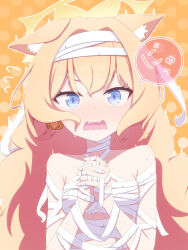 1girl @_@ animal_ear_fluff animal_ears bandage_on_hair bandaged_arm bandaged_chest bandaged_neck bandages bare_shoulders blonde_hair blue_archive blue_eyes blush breasts colored_speech_bubble earrings fang flying_sweatdrops food-themed_earrings food_themed_earrings hair_intakes halloween halo highres interlocked_fingers jack-o&#039;-lantern jewelry k0me long_hair mari_(blue_archive) naked_bandage nose_blush open_mouth orange_background own_hands_clasped own_hands_together parted_bangs polka_dot polka_dot_background pumpkin pumpkin_earrings small_breasts solo speech_bubble surprised upper_body yellow_halo