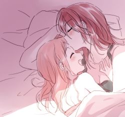 Rule 34 | 2girls, ^ ^, bang dream!, blush, breasts, camisole, cleavage, closed eyes, closed eyes, kissing forehead, hand on another&#039;s chest, kiss, kissing forehead, long hair, lying, multiple girls, on side, pillow, pink camisole, pink hair, re ghotion, red hair, tank top, udagawa tomoe, uehara himari, under covers, yuri
