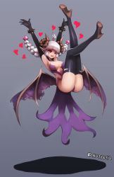 Rule 34 | 00s, 1girl, ass, bad id, bad pixiv id, braid, breasts, cape, demon girl, dungeon and fighter, grey background, heart, horns, medium breasts, midair, notte, nyarly the forbidden, one eye closed, red eyes, silver hair, simple background, smile, solo, thighs, twin braids, twitter username, wings